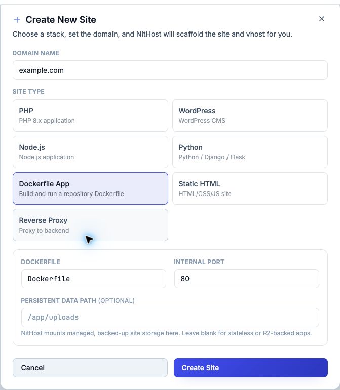 Dockerfile App form showing Dockerfile, Internal Port, and Persistent Data Path