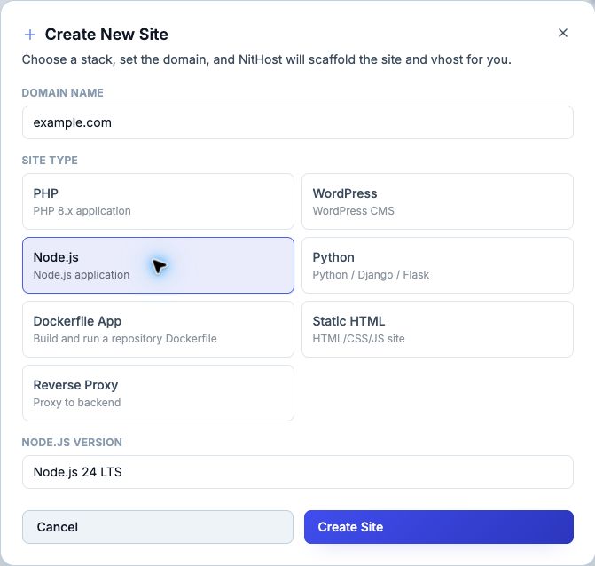 Node.js creation form showing Node.js 24 LTS