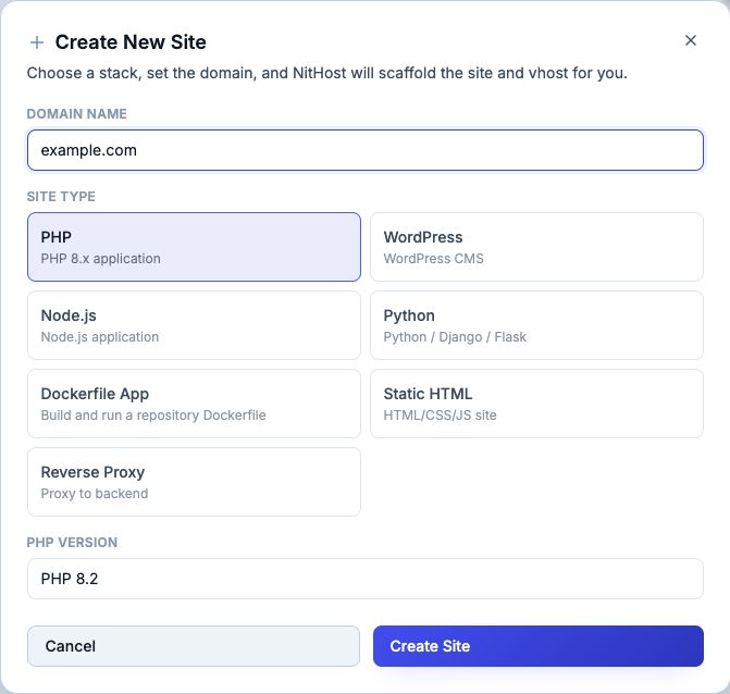 PHP creation form with an example domain and PHP version