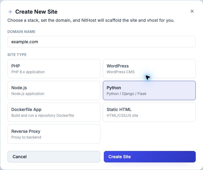 Python selected in the Create New Site dialog