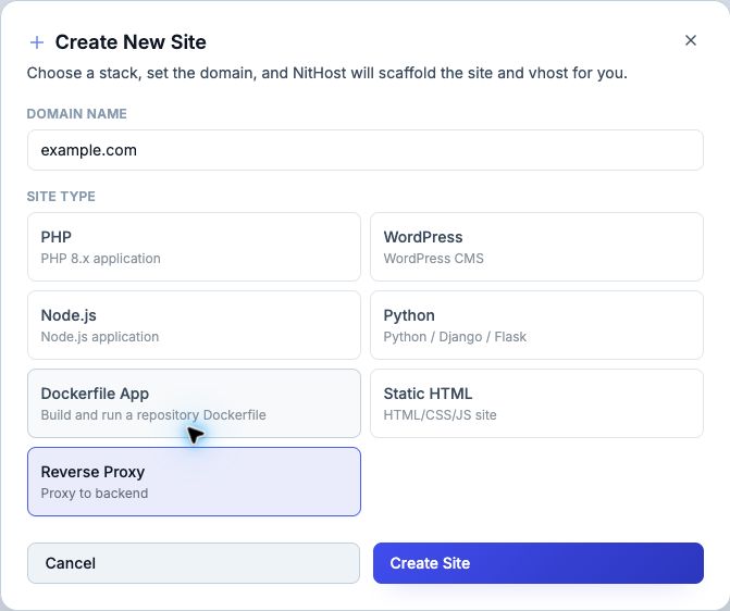 Reverse Proxy selected in the Create New Site dialog