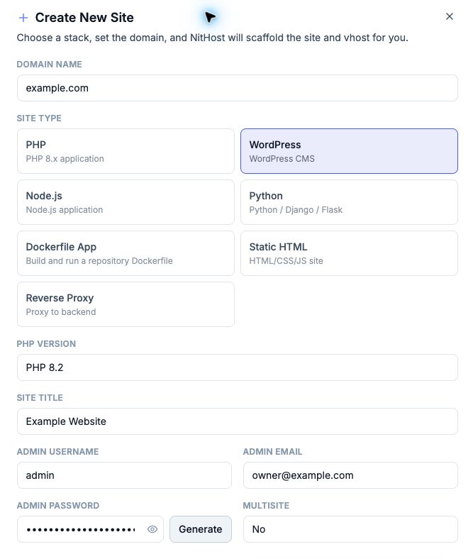 WordPress creation form with example website details and a masked password